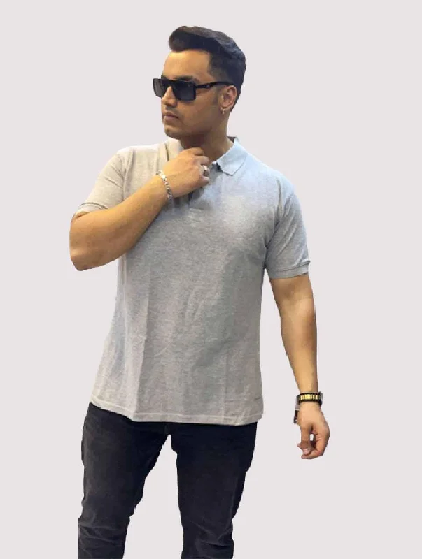 Men's Shirts with Geometric PatternsStone Grey Solid Polo Collar Pure Cotton T-SHIRT Men's Plus Size Men's Shirts with Geometric PatternsStone Grey Solid Polo Collar Pure Cotton T-SHIRT Men's Plus Size