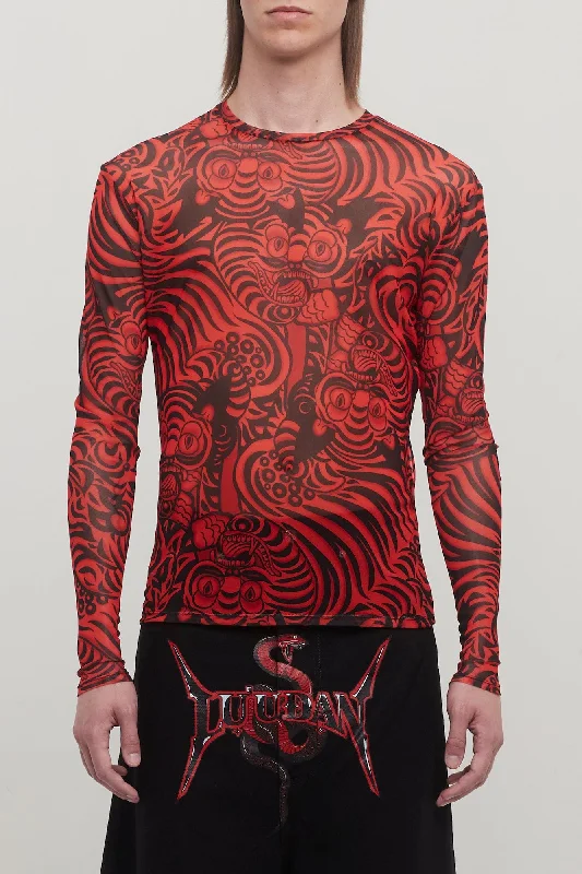 Men's Shirts with Embellished HemlinesLu'u Dan Kamikaze Print Mesh Long Sleeve Top in Red Men's Shirts with Embellished HemlinesLu'u Dan Kamikaze Print Mesh Long Sleeve Top in Red