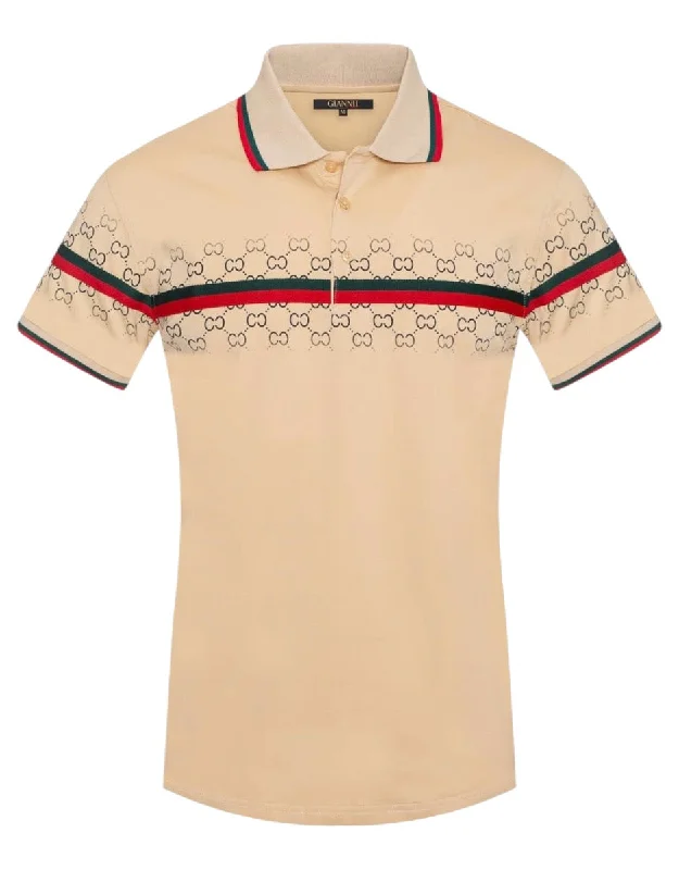 Men's Shirts with Embellished CollarsMen's Khaki GG Printed Polo T-shirt with Red and Green Trims Slim-Fit Men's Shirts with Embellished CollarsMen's Khaki GG Printed Polo T-shirt with Red and Green Trims Slim-Fit