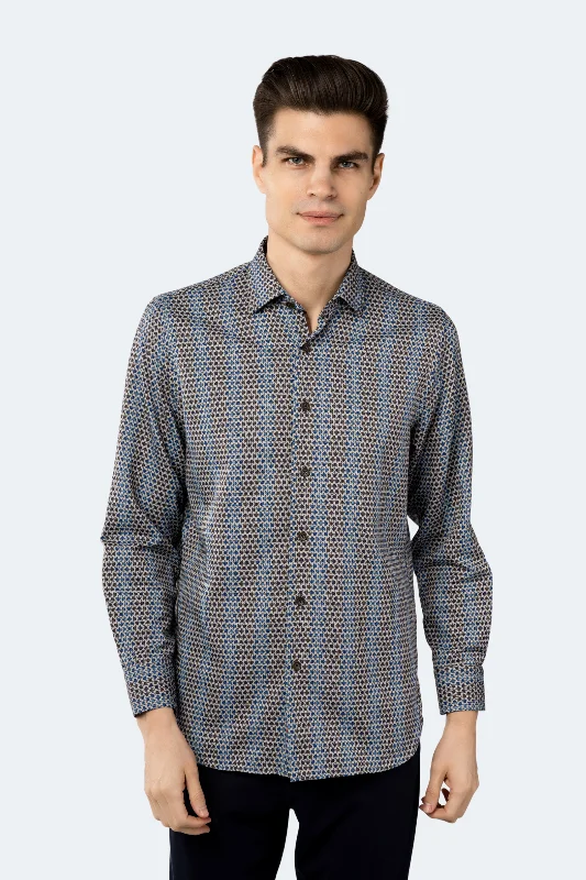 Men's Cufflink-Ready Shirts for Formal EventsLight Grey with Navy Daggered Marks and Multi Blue Circle Shirt Men's Cufflink-Ready Shirts for Formal EventsLight Grey with Navy Daggered Marks and Multi Blue Circle Shirt