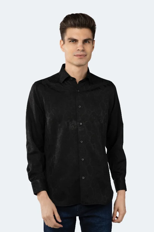 Men's Spread-Collar Shirts for a Bold StatementBlack on Black Jacquard Skulls Shirt Men's Spread-Collar Shirts for a Bold StatementBlack on Black Jacquard Skulls Shirt