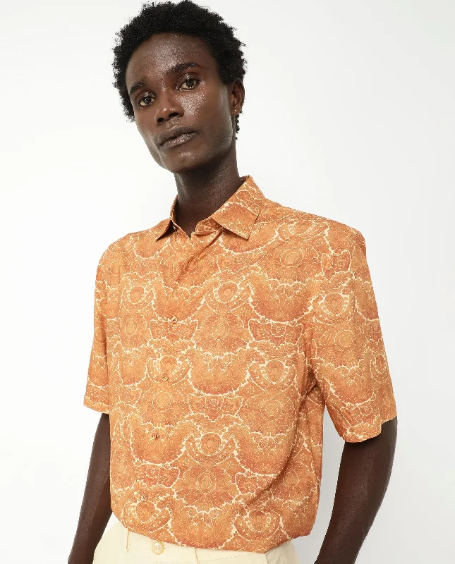 Men's Monochrome Shirts for a Minimalist VibeRare Rabbit Men's Picano Mustard Viscose Fabric Short Sleeve Abstract Floral Print Shirt