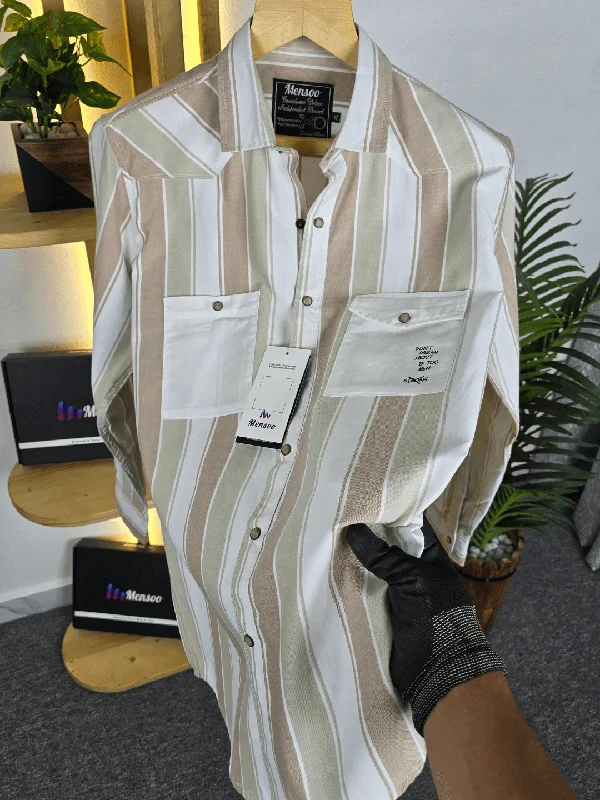 Men's Custom-Fit Shirts for a Personalized LookStripe Double Pocket Shirt Biscuit