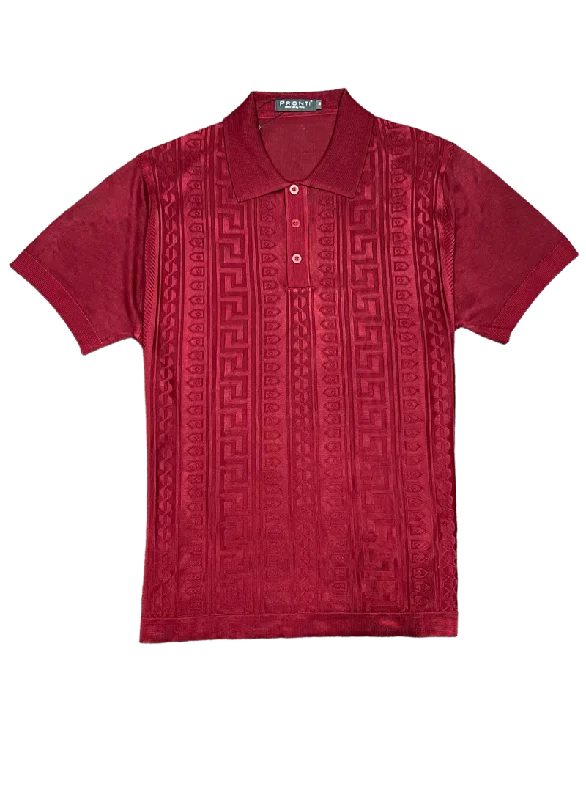 Casual Men's T-ShirtsMen's Burgundy Polo T-Shirt Greek Key Design Short Sleeves