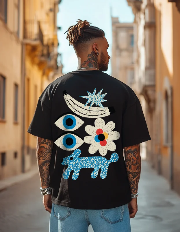 Men's Shirts with Embellished CollarsEye Black Oversized Back Graphic Printed T-shirt Men's Shirts with Embellished CollarsEye Black Oversized Back Graphic Printed T-shirt