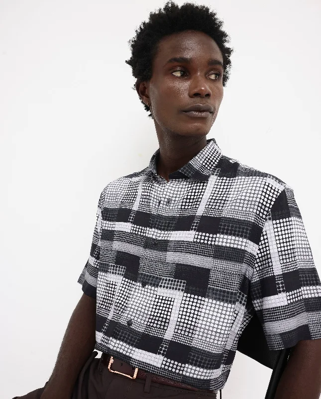 Men's Performance Fabric Shirts for All-Day ComfortRare Rabbit Men's Mallor Black Viscose Fabric Short Sleeve Boxy Fit Geometric Print Shirt Men's Performance Fabric Shirts for All-Day ComfortRare Rabbit Men's Mallor Black Viscose Fabric Short Sleeve Boxy Fit Geometric Print Shirt