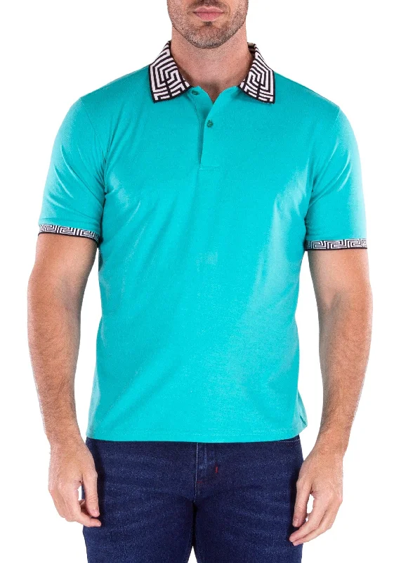 Men's Shirts with Belt LoopsGreek Key Collar & Trim Solid Mint Polo Shirt