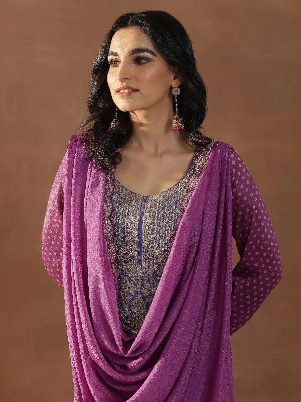 Magenta Printed Silk Blend Straight Suit Set With Dupatta