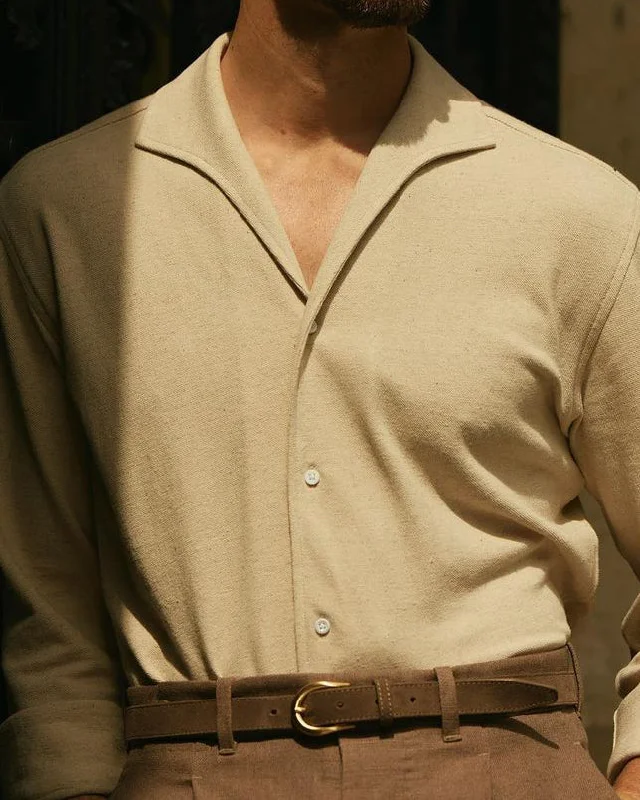 Men's Shirts with Embellished CollarsHeather Cream Linen Cotton Polo