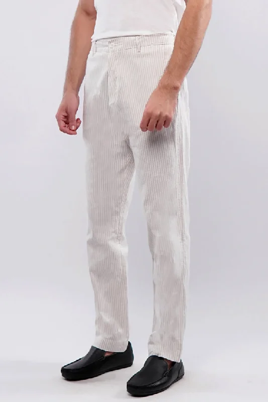 Men's Solid-Colored Pants for VersatilityStriped Linen Pants - White & Beige