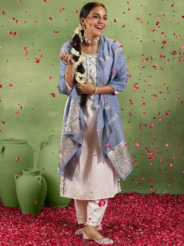 Off White Woven Design Cotton Blend Straight Suit With Dupatta