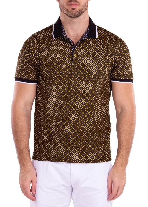 Men's Shirts with Asymmetrical HemlinesGeometric Kaleidoscope Contrast Yellow Printed Polo Shirt