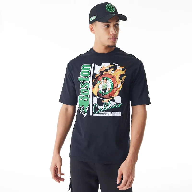 Versatile Men's Tank TopsBoston Celtics NBA Flame Print Black Oversized T-Shirt