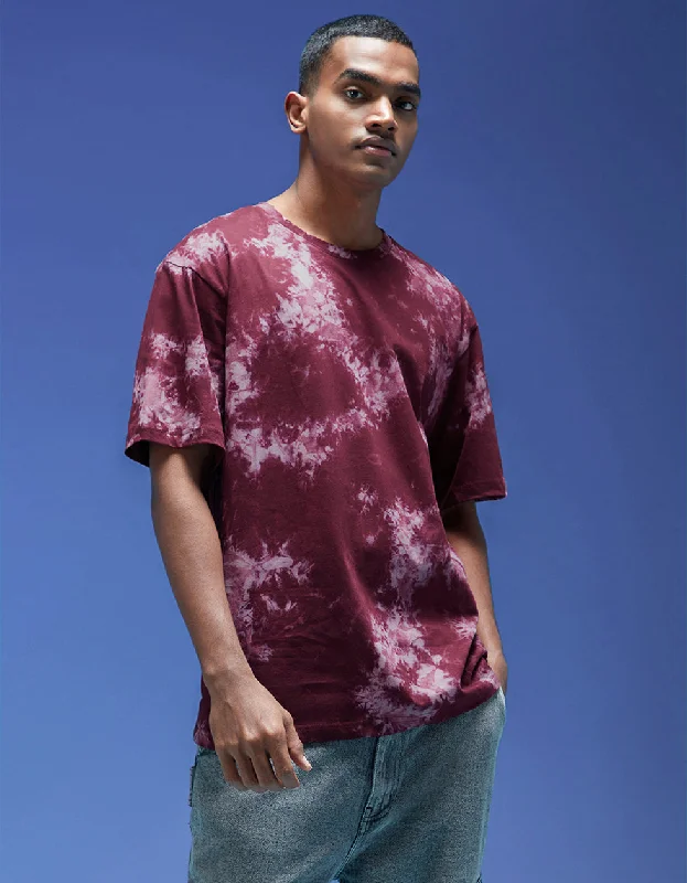 Men's Shirts with Tab CollarsSmoke Maroon Oversized Tie-Die Printed T-shirt