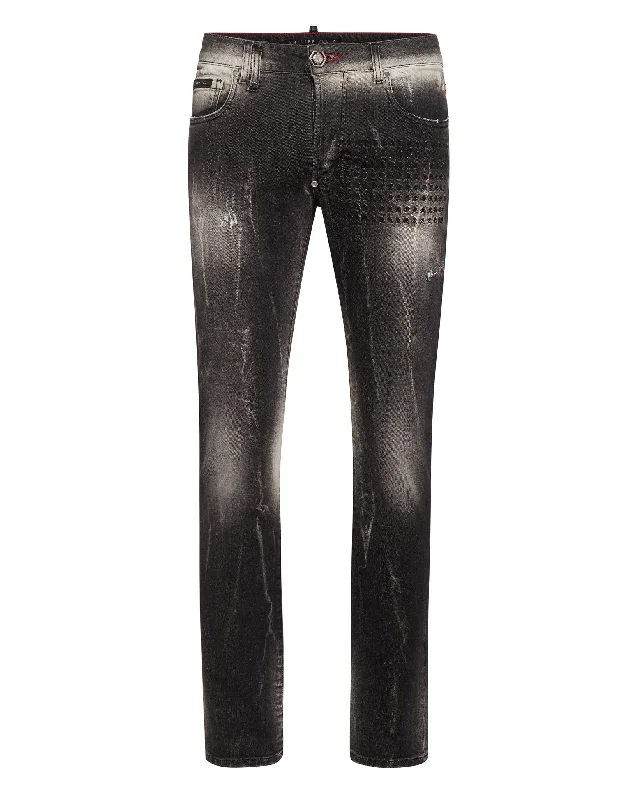 Men's Jeans with Functional PocketsDenim Trousers Super Straight Cut Fit Skull&Bones