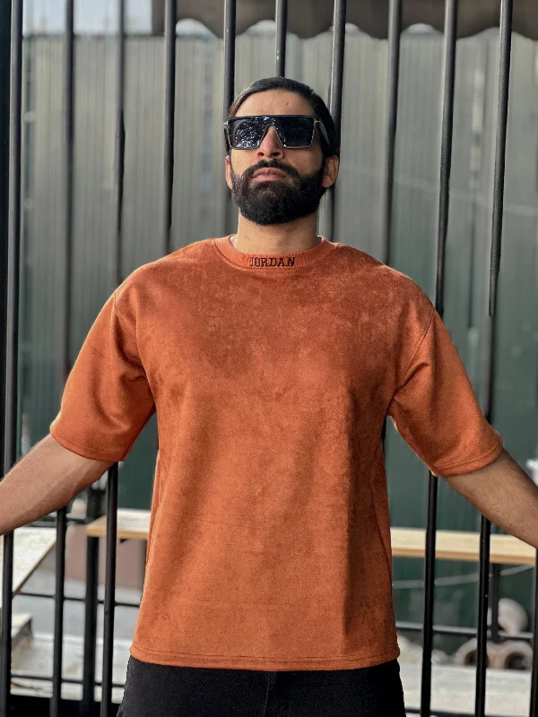 Men's Shirts with Patchwork SleevesOrange Drop Shoulder T-shirt