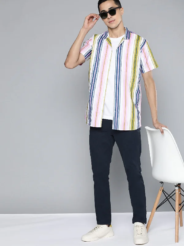Men's Designer Dress Shirts for High-End FashionMen Pink  Blue Smart Multi Stripes Cotton Casual Shirt