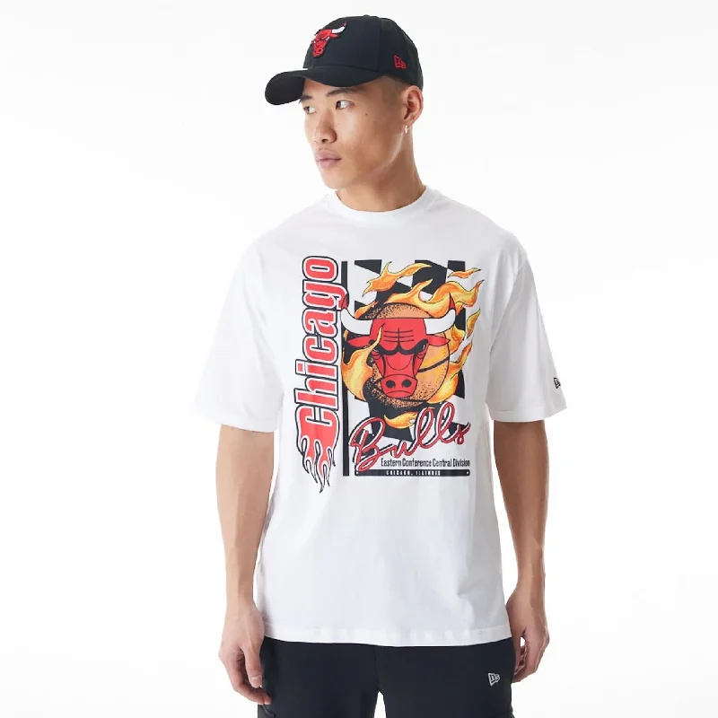 Breathable Men's Mesh TopsChicago Bulls NBA Flame Print White Oversized T-Shirt