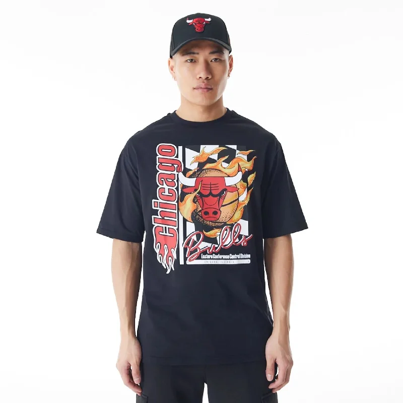 Men's Shirts for Outdoor ActivitiesChicago Bulls NBA Flame Print Black Oversized T-Shirt