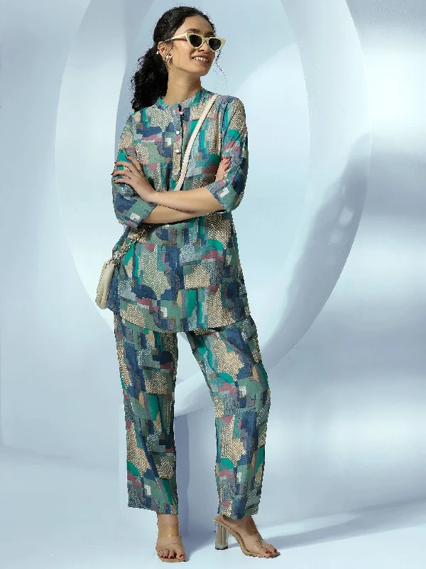 Blue Printed Silk Blend Co-Ords