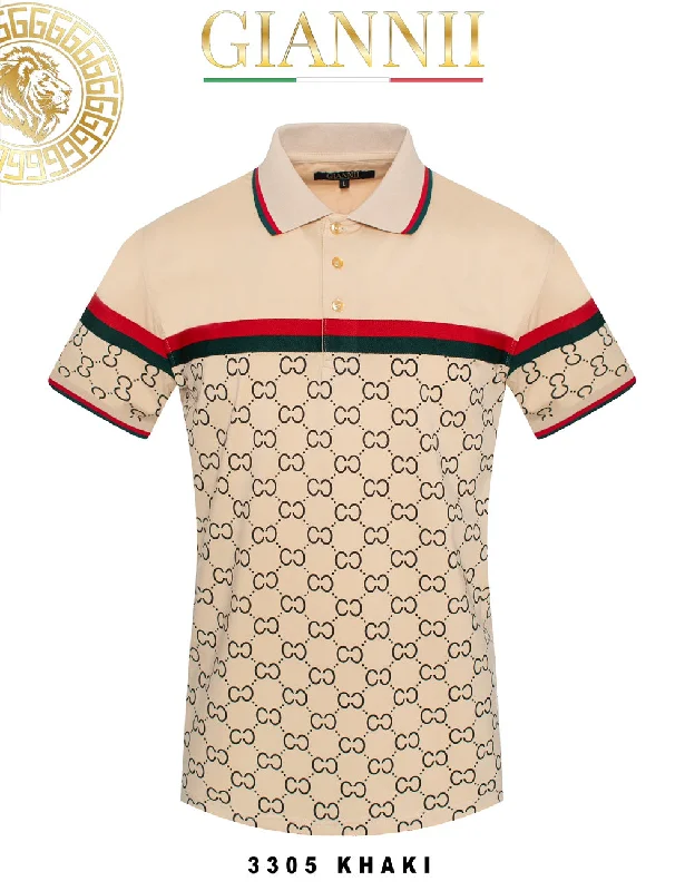 Men's Shirts with Hook-and-Loop ClosuresMen's Khaki Beige GG Printed Polo T-shirt Red and Green Trims Slim-Fit Style-3305 Men's Shirts with Hook-and-Loop ClosuresMen's Khaki Beige GG Printed Polo T-shirt Red and Green Trims Slim-Fit Style-3305