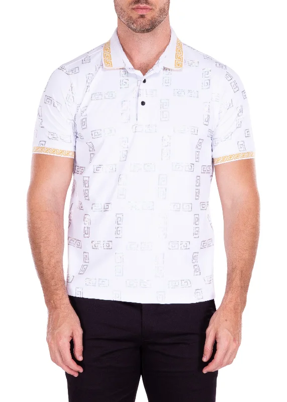 Men's Sleeveless TopsAztec Spiral Detail White Metallic Polo Shirt