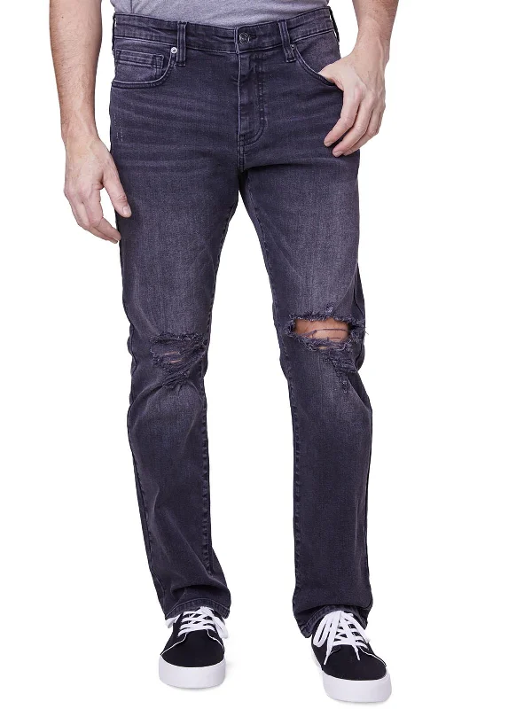 Leather Patch Embellished Men's JeansMens Mid Rise Destroyed Slim Jeans