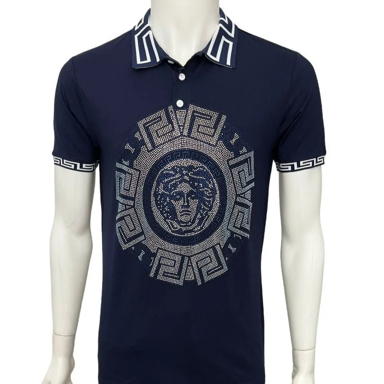 Men's Shirts with Spread CollarsPremium GG Men's Blue Polo printed pattern With Stone Men's Shirts with Spread CollarsPremium GG Men's Blue Polo printed pattern With Stone