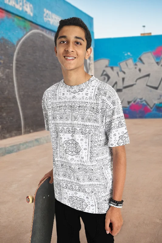 Men's Shirts with Floral PrintsWhite Oversized Paisley Printed Boys T-shirt