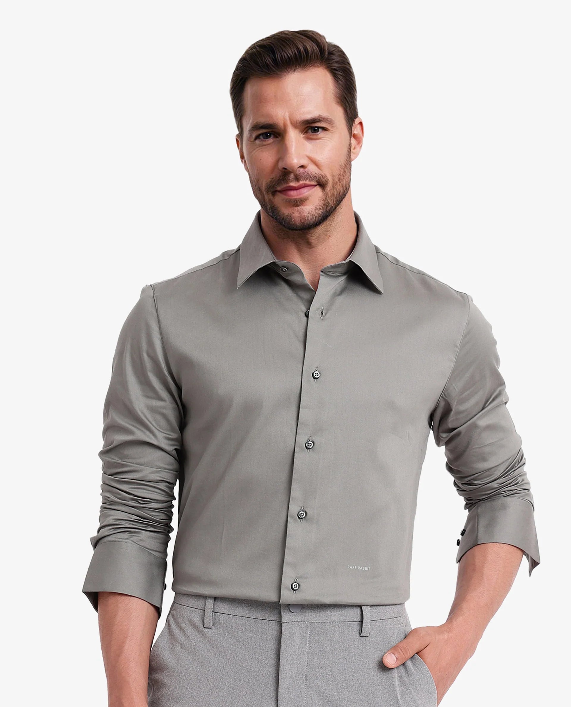 Men's Collared Shirts for Formal OccasionsRare Rabbit Men's Holla Olive Full Sleeves Regular Fit Satin Stretch Cotton Plain Shirt Men's Collared Shirts for Formal OccasionsRare Rabbit Men's Holla Olive Full Sleeves Regular Fit Satin Stretch Cotton Plain Shirt