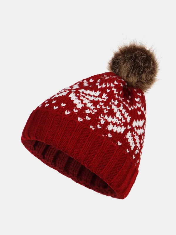 Lightweight Baseball CapsSnowflake Pattern Knitted Brimless Hat With Fluffy Ball