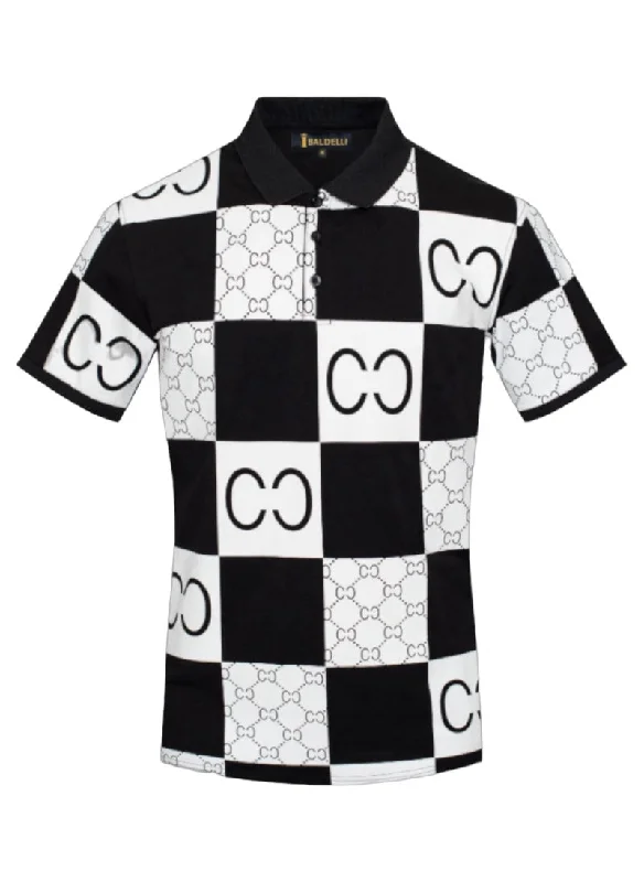 Men's Shirts with Graphic SleevesBlack and White Fashion Design Printed Plaid Men's Polo Regular-Fit Men's Shirts with Graphic SleevesBlack and White Fashion Design Printed Plaid Men's Polo Regular-Fit