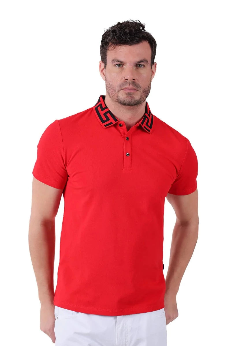 Men's Shirts for CampingRed Barabas Men's short sleeves polo Greek Key Collar