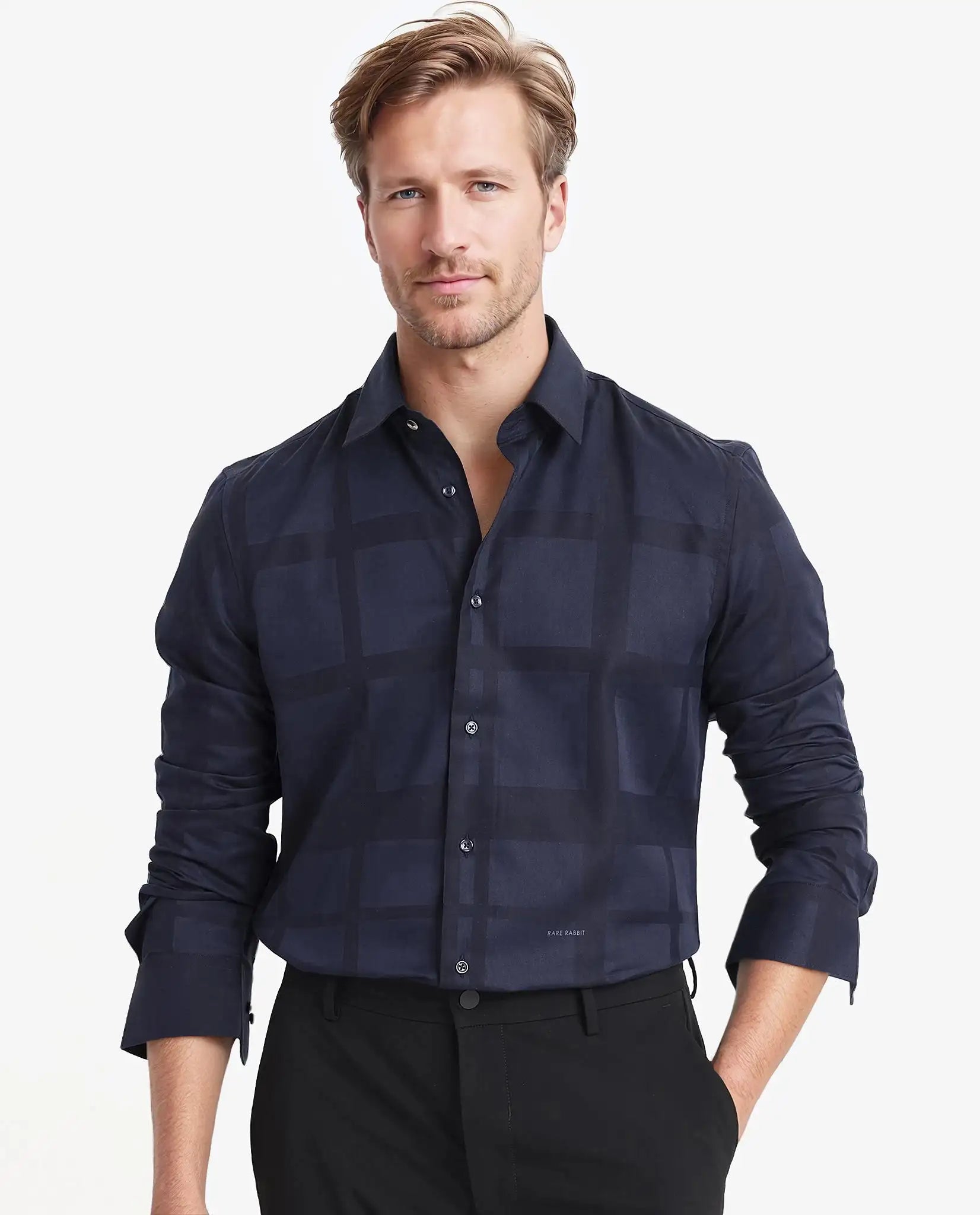 Men's Hawaiian Shirts for a Tropical VibeRare Rabbit Men Bolin Dark Navy Cotton Lyocell Fabric Full Sleeve Regular Fit Tonal Check Shirt Men's Hawaiian Shirts for a Tropical VibeRare Rabbit Men Bolin Dark Navy Cotton Lyocell Fabric Full Sleeve Regular Fit Tonal Check Shirt