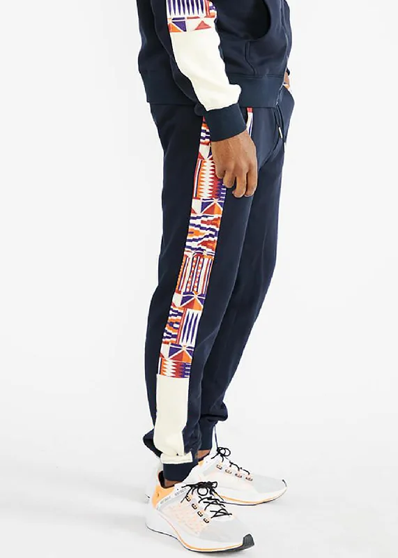 Men's Pants with Adjustable WaistbandsFaraji Men's African Print Color-Blocked Joggers (Navy/Cream Maroon Kente) - Clearance