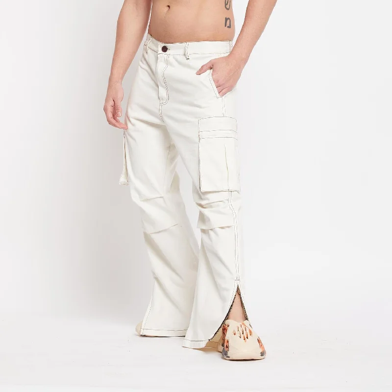 Men's Patterned Pants with StripesWhite Twill Flared Cargo Pants