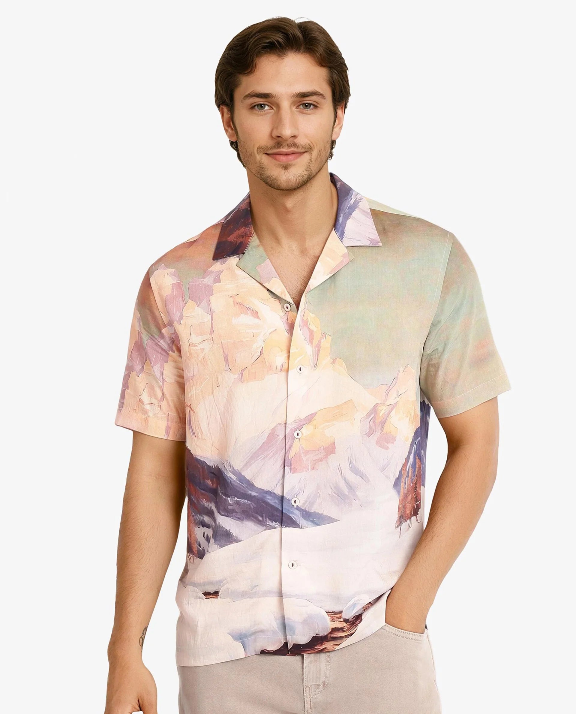 Men's Limited Edition Shirts for ExclusivityRare Rabbit Men Chil Light Orange Short Sleeve Cuban Collar Boxy Fit Decorative Print Shirt Men's Limited Edition Shirts for ExclusivityRare Rabbit Men Chil Light Orange Short Sleeve Cuban Collar Boxy Fit Decorative Print Shirt