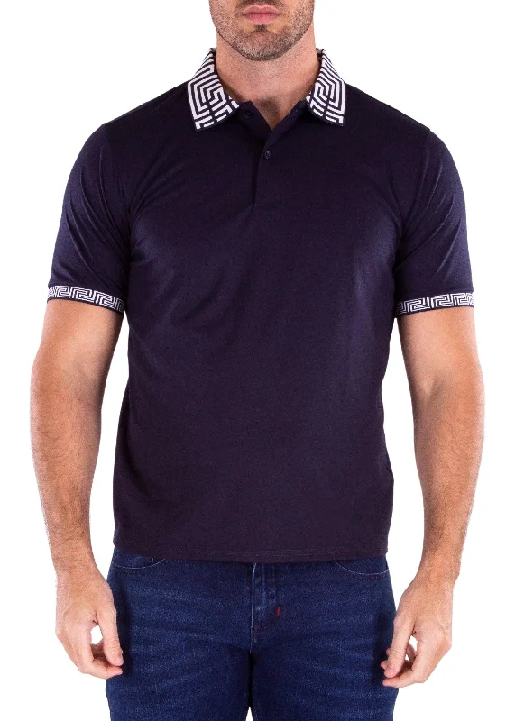 Men's Shirts with Barrel CuffsGreek Key Collar & Trim Solid Navy Polo Shirt
