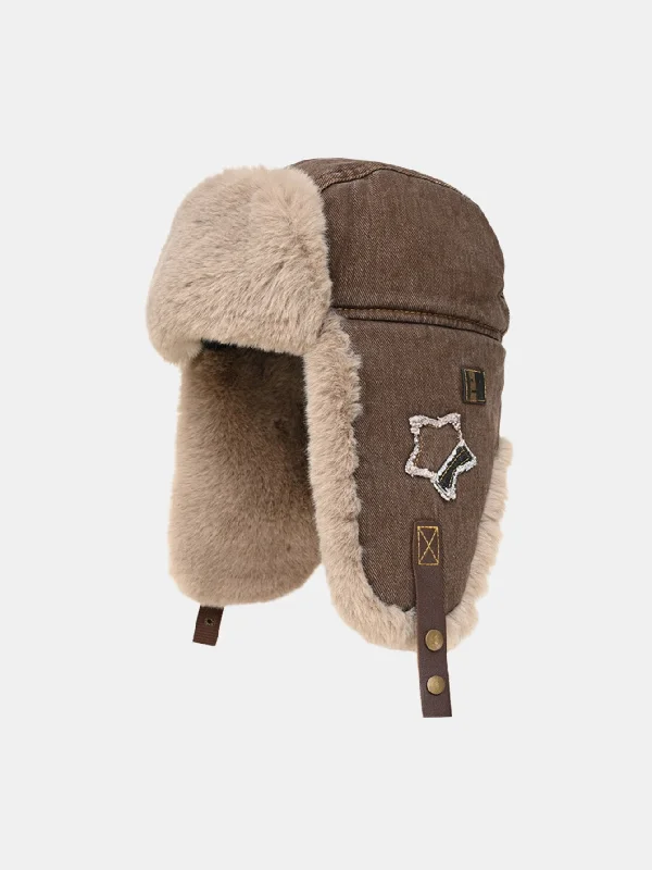 Unique Baseball CapsStar Patch Denim Plush Trooper Trapper Hat