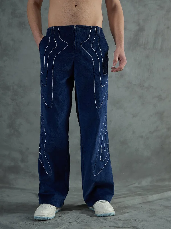 Men's Pants with Graphic PrintsNavy Wavy Embroiedery Baggy Corduroy Trousers