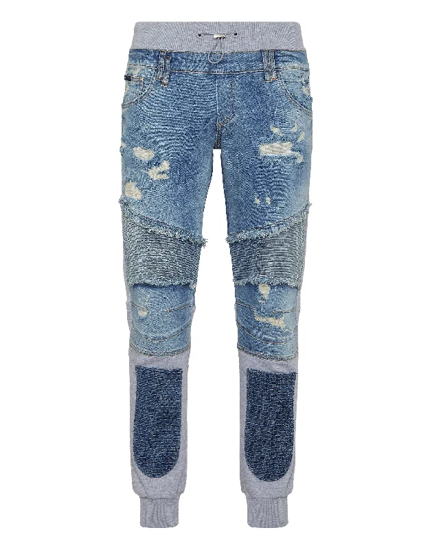 Men's Jeans with Fashionable RipsDenim Jogging Trousers Skull&Bones