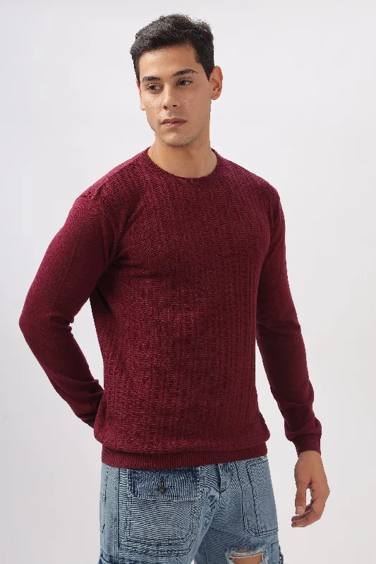 Comfortable Men's Polo ShirtsStripes Knitted Maroon Full-Sleeve T-Shirt