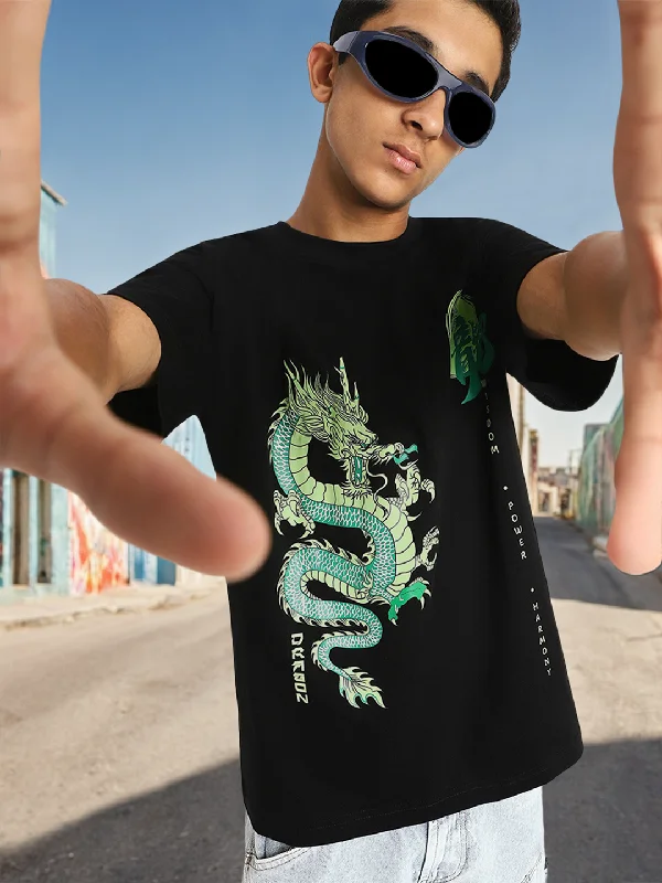 Men's Shirts with Snap ButtonsDragon Black Oversized Graphic Front Printed Boys T-shirt Men's Shirts with Snap ButtonsDragon Black Oversized Graphic Front Printed Boys T-shirt