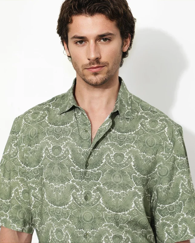 Men's Denim Shirts for a Rugged LookRare Rabbit Men's Picano Dusky Green Viscose Fabric Short Sleeve Abstract Floral Print Shirt