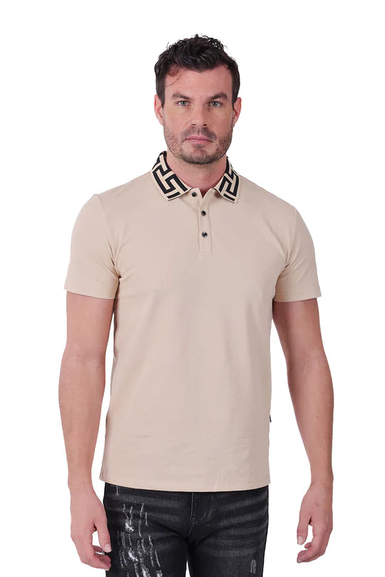 Men's Performance Shirts for SportsMen's Barabas Tan solid color Greek Key Collar Short-sleeve polo T-shirt Men's Performance Shirts for SportsMen's Barabas Tan solid color Greek Key Collar Short-sleeve polo T-shirt