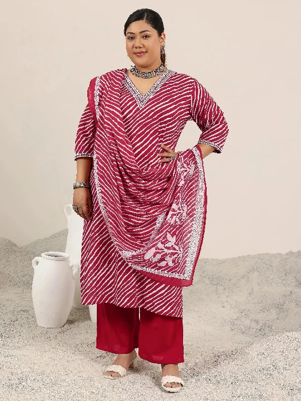 Plus Size Red Printed Cotton Straight Suit Set With Dupatta