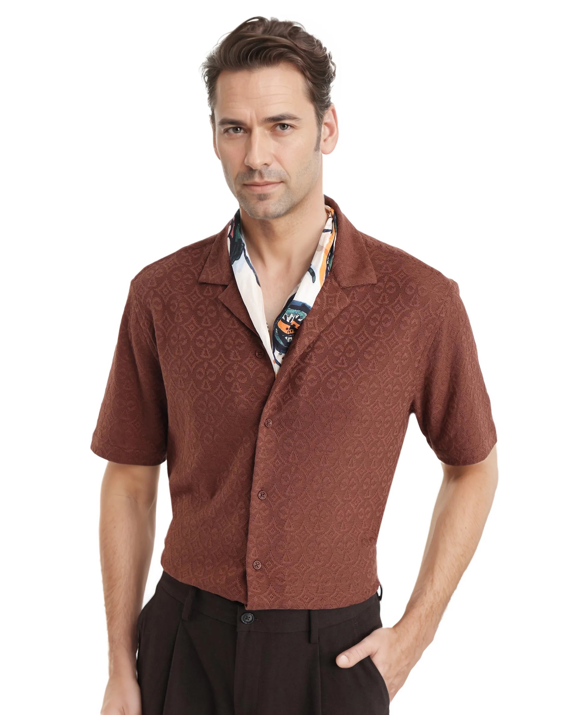 Men's Logo T-Shirts for Brand RepresentationRare Rabbit Men Accra Dark Brown Cotton Poly Blend Fabric Cuban Collar Short Sleeve Boxy Fit Shirt Men's Logo T-Shirts for Brand RepresentationRare Rabbit Men Accra Dark Brown Cotton Poly Blend Fabric Cuban Collar Short Sleeve Boxy Fit Shirt