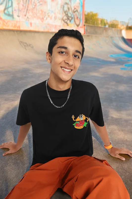 Men's Shirts with Button-Down CollarsBurger Black Oversized Graphic Pocket Printed Boys T-shirt