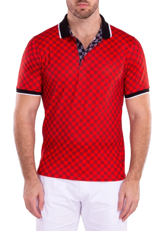 Men's Shirts with Spread CollarsContrast Checkered Pattern Printed Polo Shirt Red