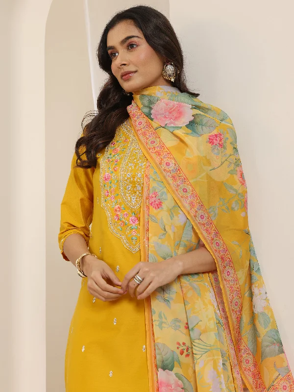 Mustard Embroidered Silk Blend Straight Suit Set With Dupatta